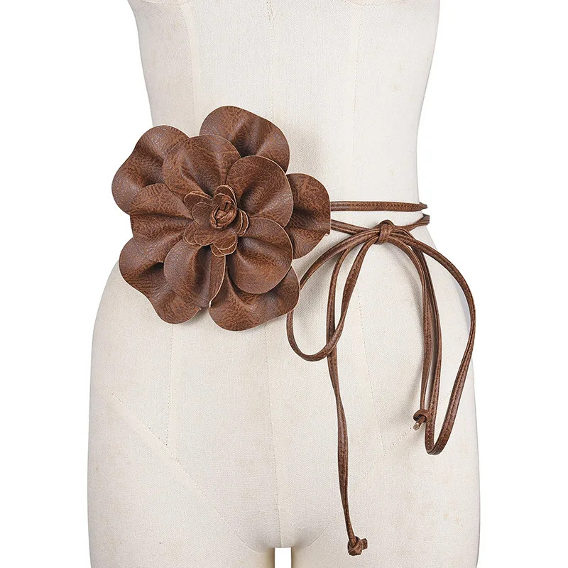 PU Leather Waist Belt – Large Flower Tie Wrap Sash with Bow for.