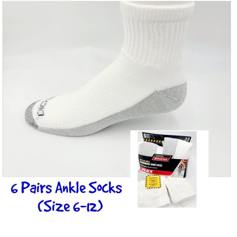 Dickies Men’s Dri-tech Moisture Control Ankle Socks 6 Pairs Size 6-12 White/Gray