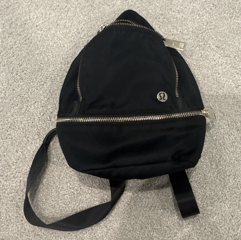 Lululemon Black Mini Backpack Zip Closure Zipper Pockets Logo Silver Hardware