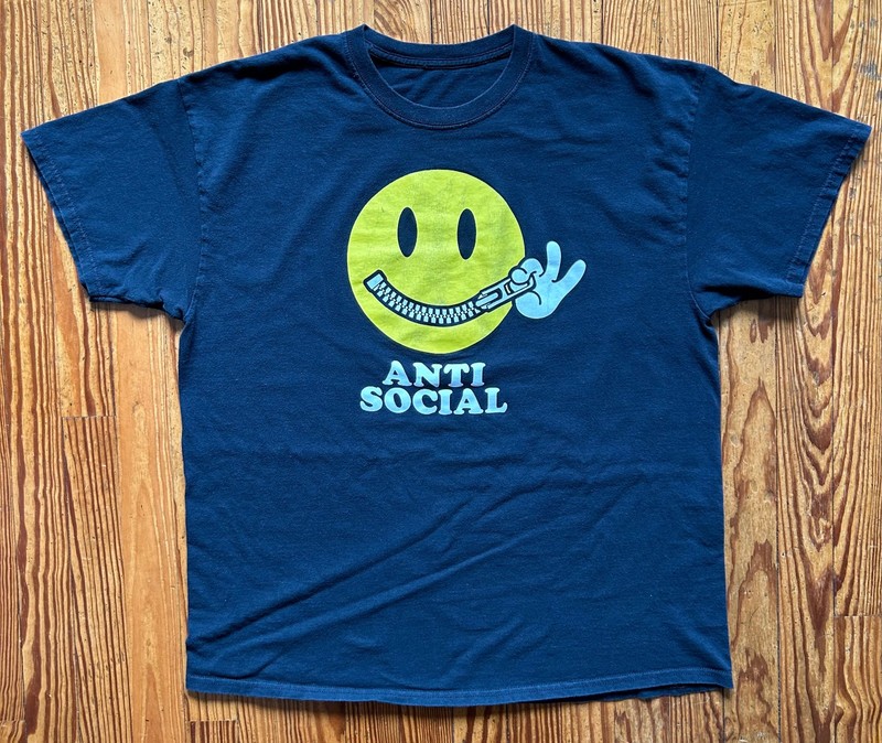 Vintage Smiley Face Anti Social Zipper Face Shirt Lg Black Tee RARE 90s PUNK