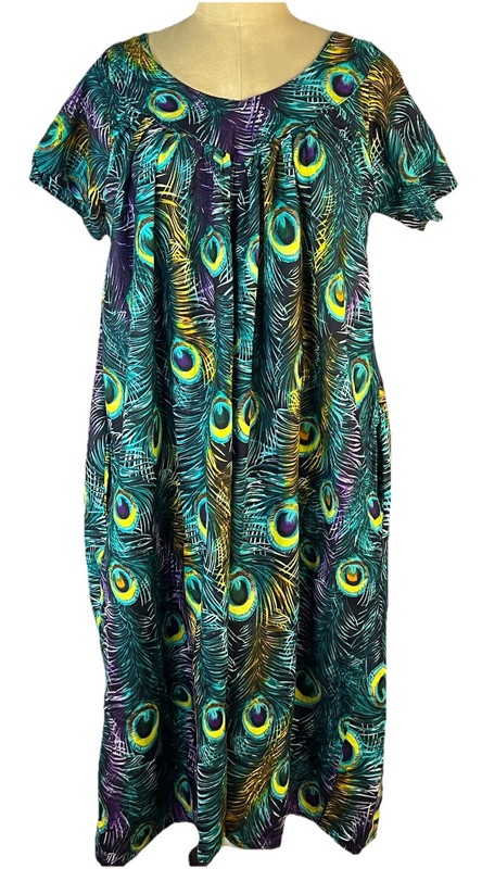 Vintage Laddie Peacock Feather Print Hawaiian Cotton Muumuu O/S