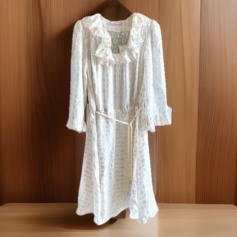 Tory Burch Jasmine Silk Metallic Ruffle Dress Ivory Gold 2 Piece Slip Dress Sz 2