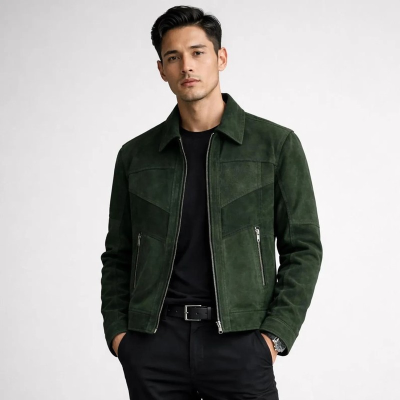 Olive Green Western Trucker Casual Suede Leather Jacket Contemporary Heritage