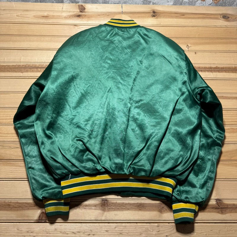 Vintage 80s 90s Athletics Script Logo Button Front Satin Bomber Jacket USA Large gallery