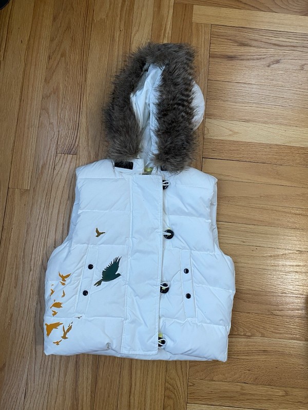 Gap Vest Down Puffer Hooded White & Birds Fur Trim Winter Gorpcore Womens SZ M