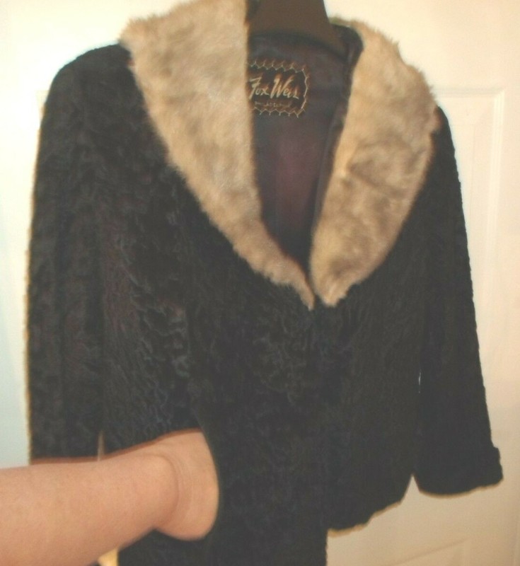 Vintage FOX WEIS Black Faux Persian Lamb w/Gray Real Mink Fur Collar L/S Jacket gallery