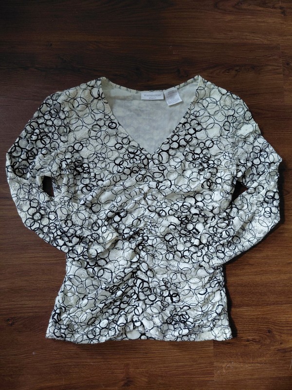Y2K Rouched Blouse White Floral Lace with Black Circle Design gallery