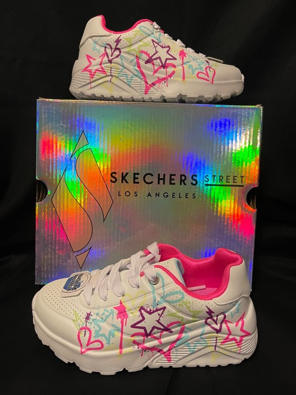 Girls Skechers LA St Uno Lite My Drip sneaker 11 12 13 3 neon graffiti print $60