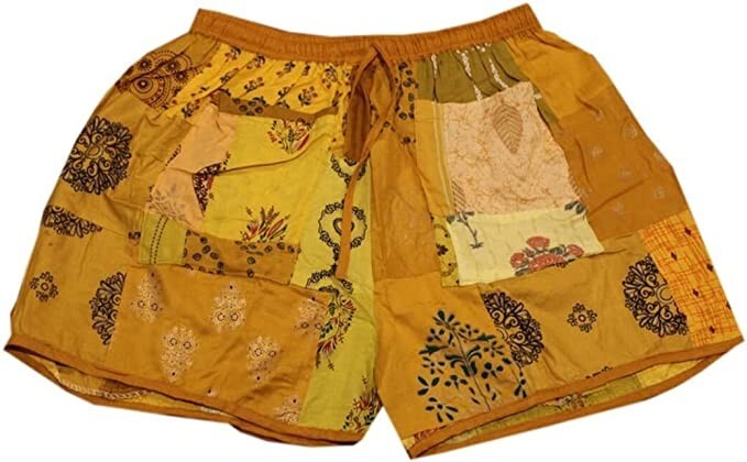 Yellow Rayon Patchwork Festival Short One Size Elasticated Waist Comfy Short