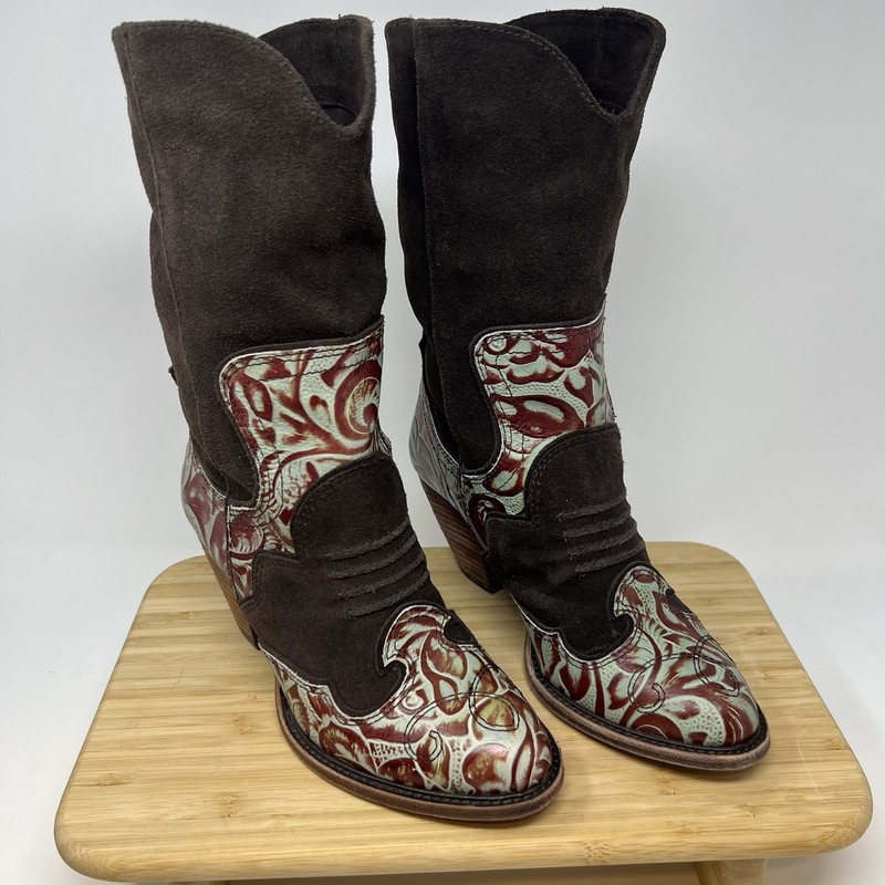 Suede Leather Brown Embroidered Western Cowboy Boots Size 6 Jessica Bennett Heel