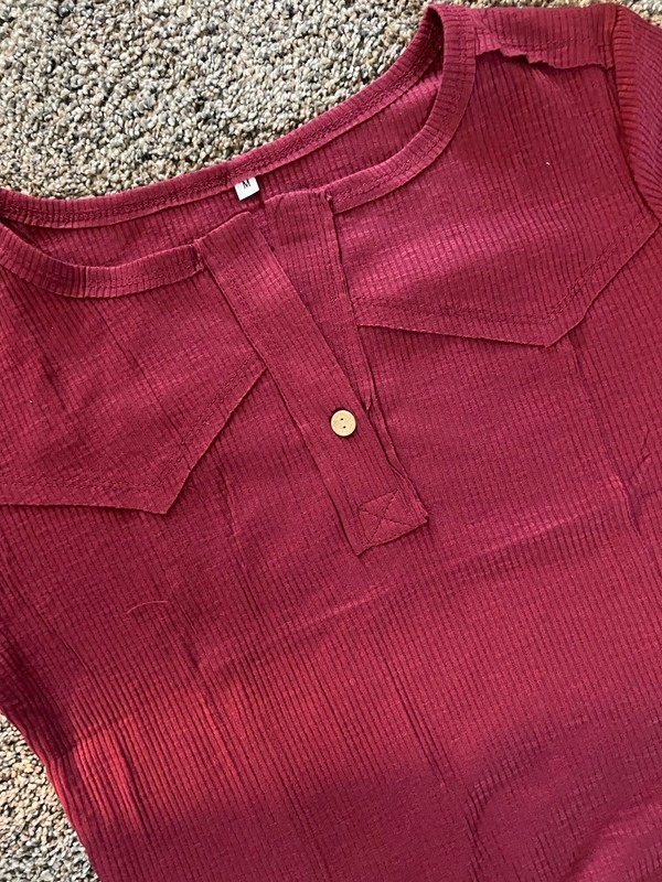 Womens Ribbed Knit Henley Top Medium Burgundy Long Sleeve Stretch Casual Shirt gallery