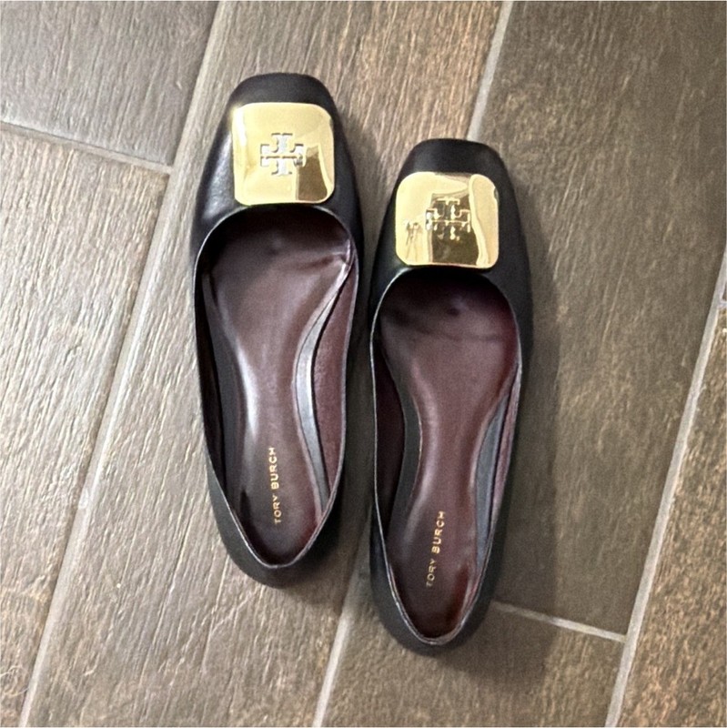 Tory Burch Black Leather Ballet Slip On Flats Gold Logo Square Toe Size 9.5