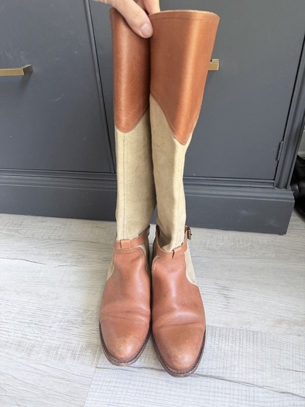 Frye Canvas Riding Boots Womens 9 Tan Leather Canvas Tall Boots gallery