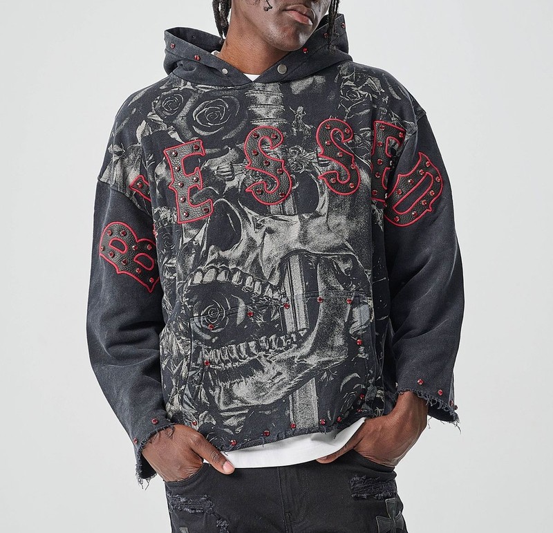 TAKER Men’s Raw-Edge Blessed Cropped French-Terry Hoodie T5256