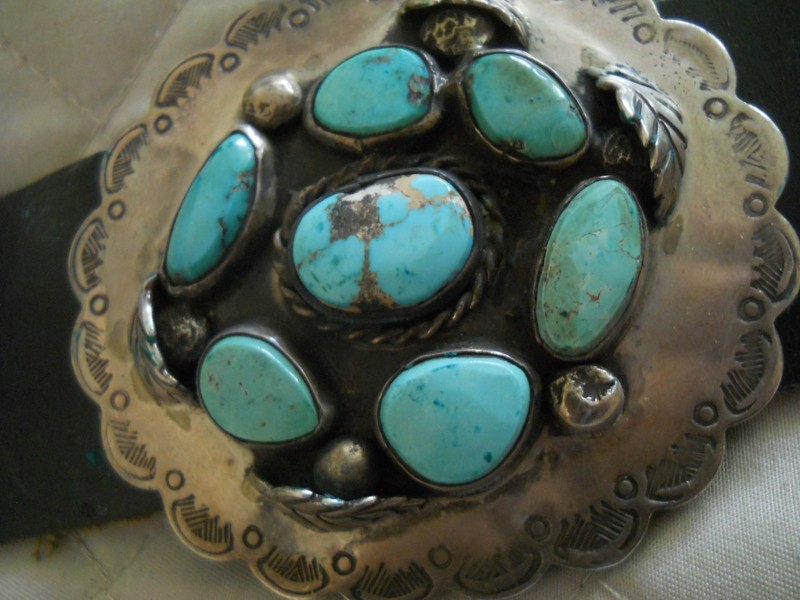 Native American Navajo Turquoise Cluster Sterli Silver 9- 2.8" Conchos Belt 576g gallery