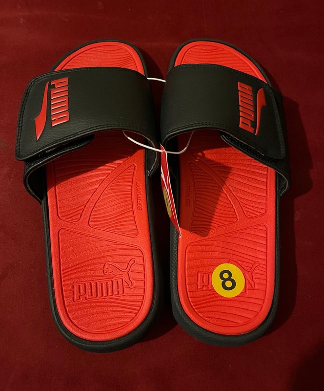 PUMA Men’s Logo Slide Sandals Black/Red Slip-On Solid Strap US Size 8