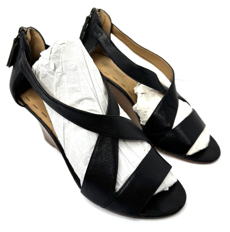 Nine West Women’s Black Leather Wedge Sandals Strappy Peep Toe Size 7M gallery