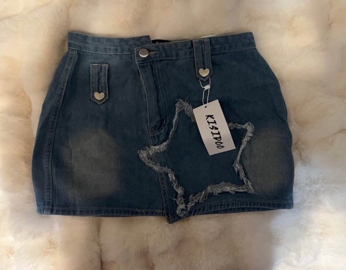 Women’s Blue Denim Mini Skirt Button Front Closure with Fringe Accent