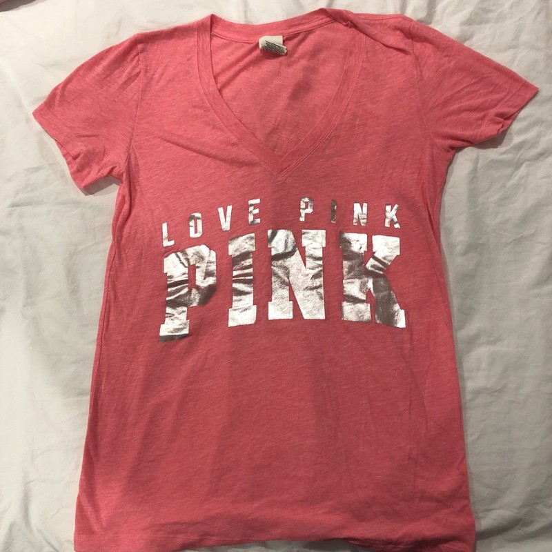 Victoria’s Secret Pink T-Shirt Size M Pink V-Neck Silver Metallic Logo