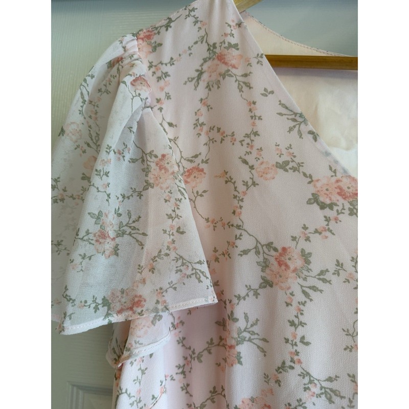 Rachel Parcell Floral Midi Dress Womens Large Pink Flutter Sleeve Chiffon Belted gallery