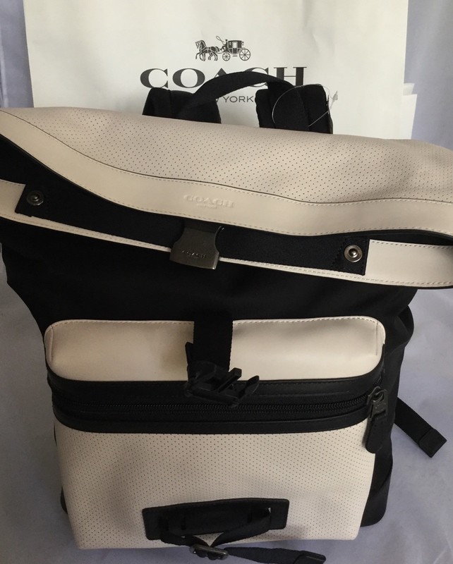 COACH F56662 Explorer Back Pack Perforated Mixed Materials Chalk/Black NWT