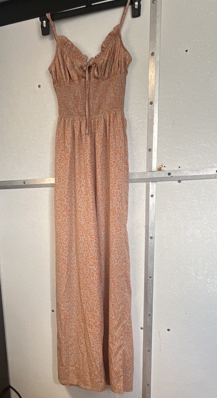 PrettyLittleThing Animal Print Smocked Wide-Leg Jumpsuit Beige/Orange XS