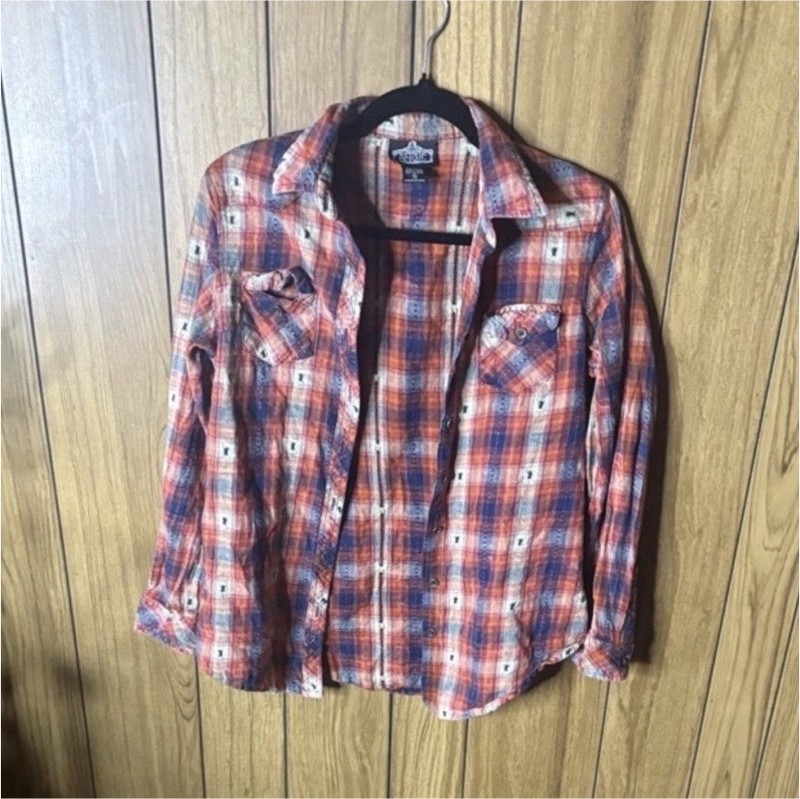 Angie Plaid Shirt Orange/Blue Long Sleeve Button-Up Point Collar S