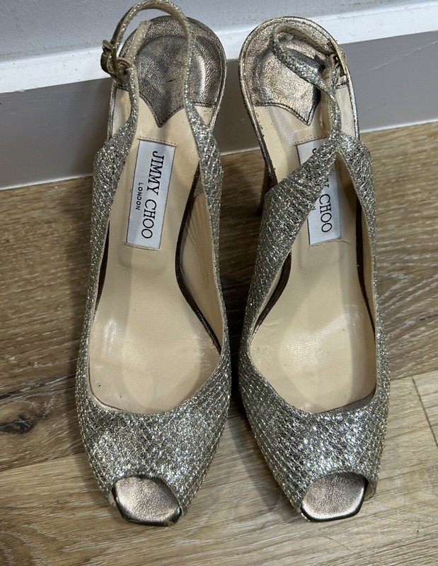 Jimmy Choo Gold Glitter Nova /247 Clue Peep Toe Slingback Sandals 40.5