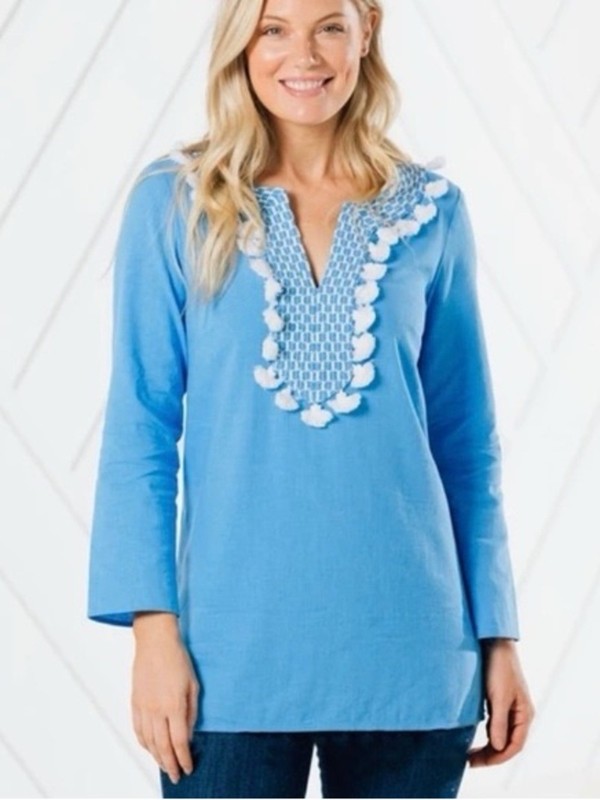 Sail to Sable Light Blue Tunic with White Embroidered Trim