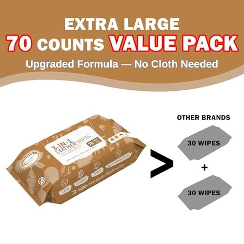 3in1 Leather Cleaner Wipes 70 Count, Extra Large 8" x 10" 70 Count (Pack of 1) gallery