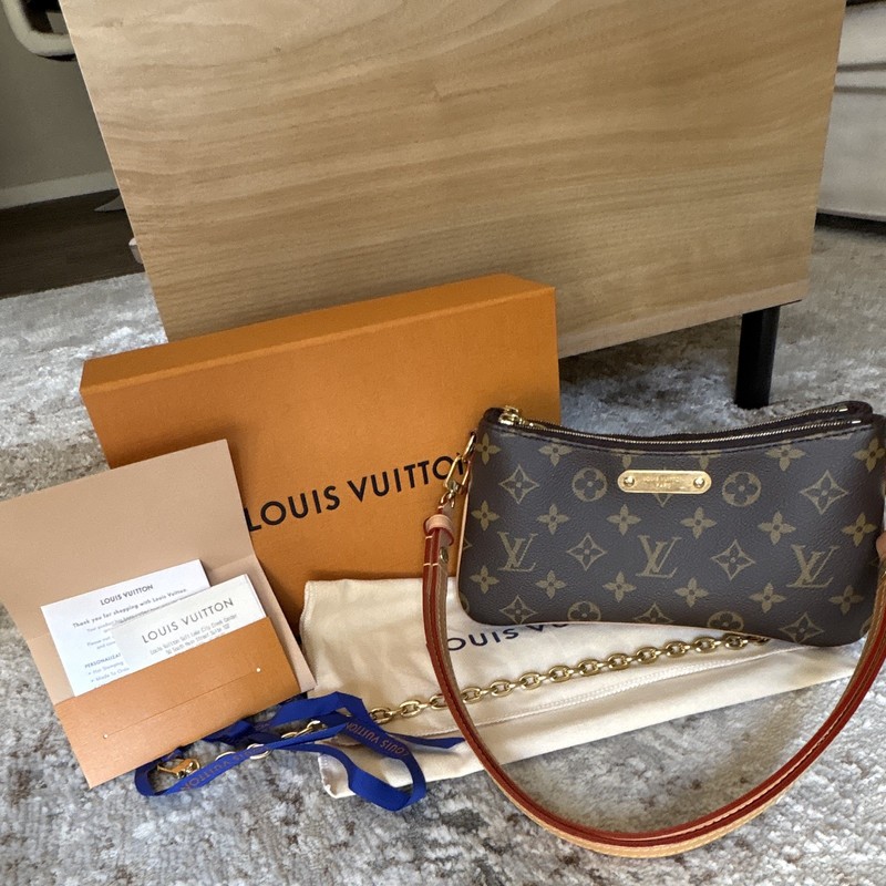 Louis Vuitton Monogram Po.Liv Shoulder Bag Brown Gold Chain, Box Dust Bag Card