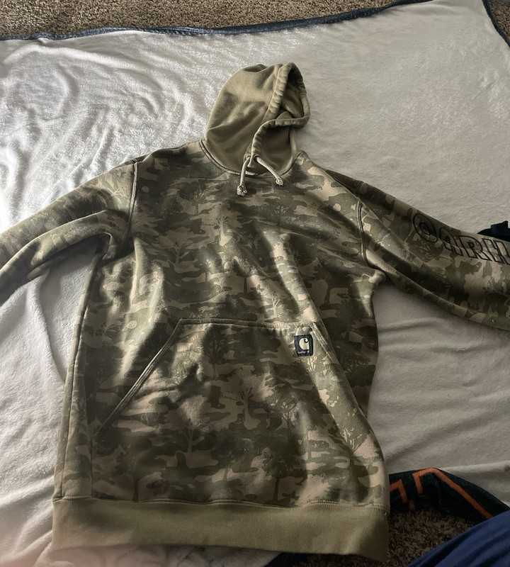 Carhartt Men’s Green Beige Camo Logo Loose Fit Pullover Hoodie Size M
