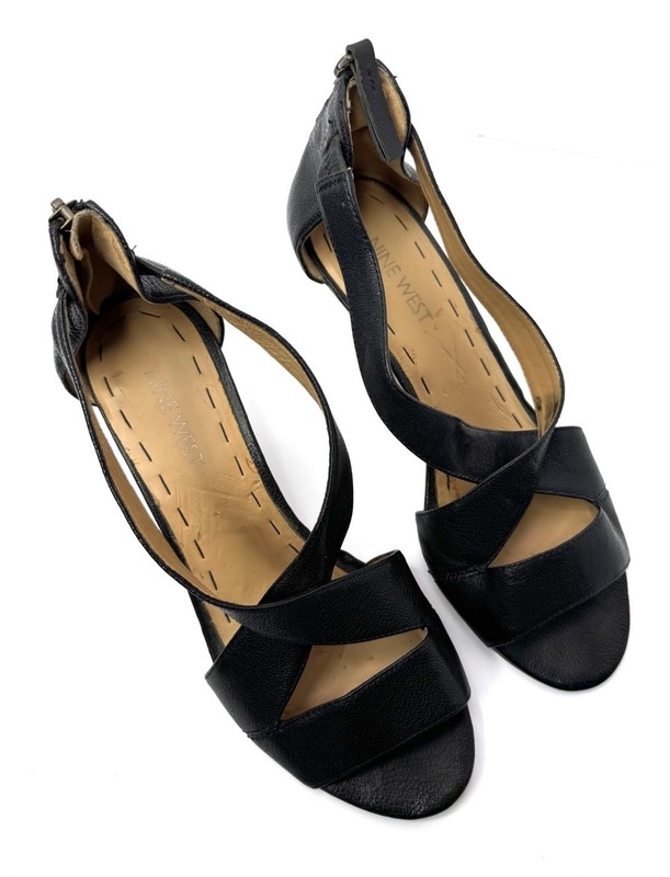 Nine West Women’s Black Leather Wedge Sandals Strappy Peep Toe Size 7M gallery