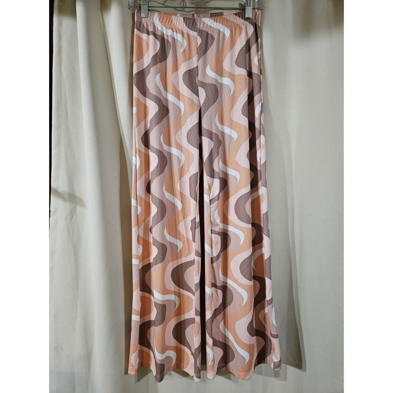 Princess Polly Wavy Psychedelic Print Wide Leg Ribbed Pants Tan Brown US 8