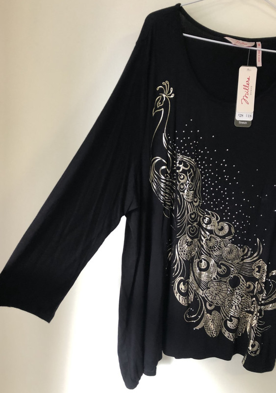 Millers 3/4 Sleeve Black with Silver Peacock Print Stretch T-Shirt gallery