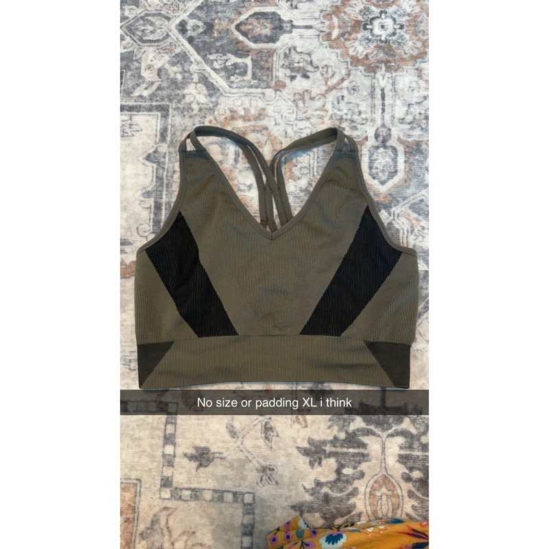 Olive Green Ribbed Mesh Panel Sports Bra Double Strap Racerback XL Workout Top