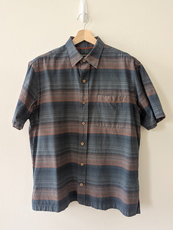 Orvis Mens L Textured Button Up Shirt Gray Rust 100% Cotton Short Sleeve