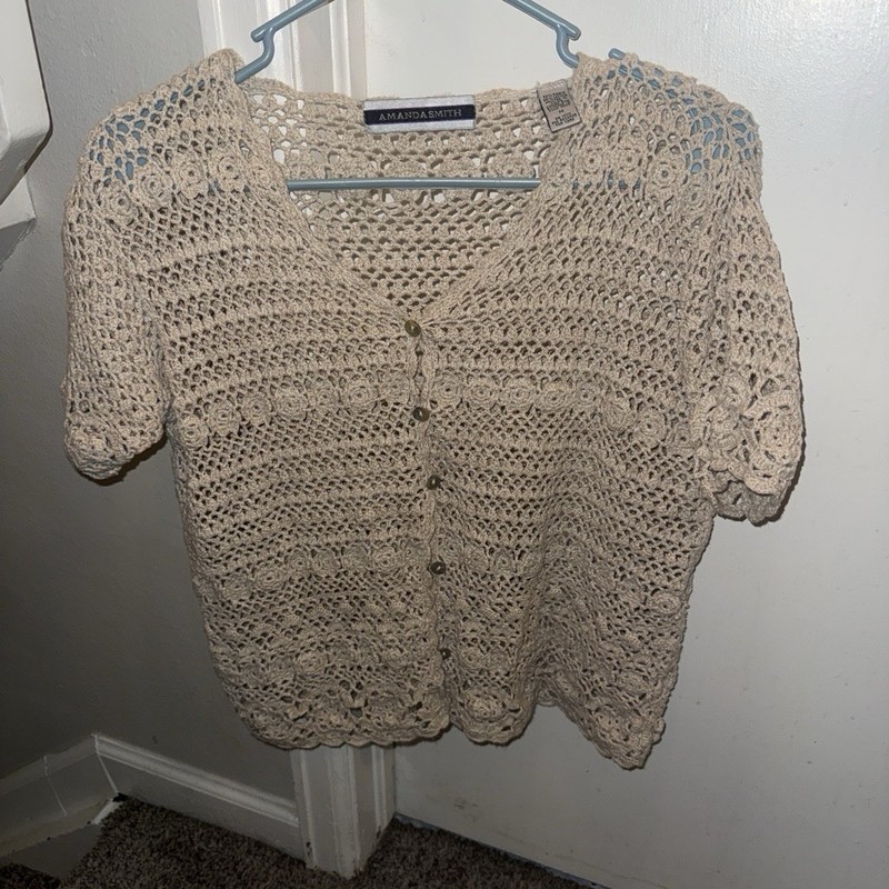 Amanda Smith Beige Crochet Open-Knit Button Front V-Neck Cardigan Sweater M