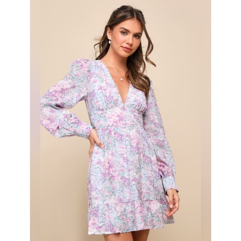 Lulus Floral Long Sleeve Skater Mini Dress Size Medium