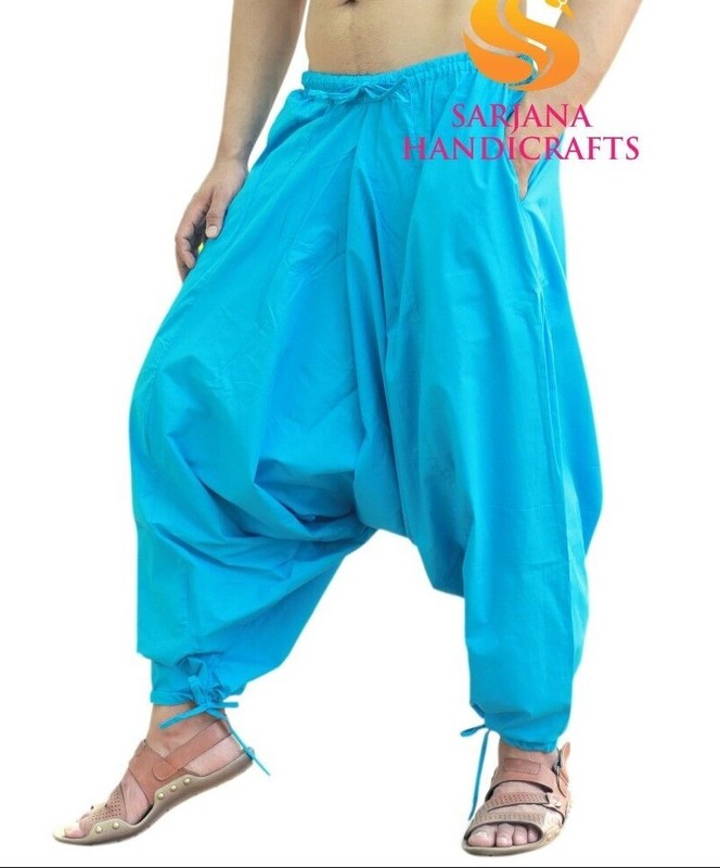 Men Women Cotton Solid Sky Blue Harem Pants Gypsy Hippie Drop Crotch Trouser