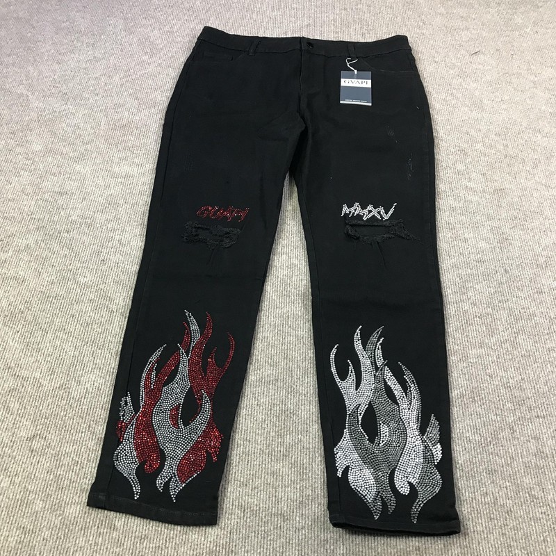 GVAPI Jeans Mens 40 Black Flame Rhinestone Limited Edition Streetwear Distressed