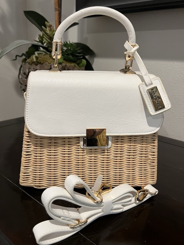 Laura Jones Picnic Summer Bag Woven Straw Base w/ a White Vegan Leather Top Flap