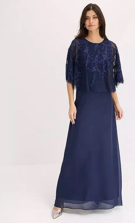 FREEMANS Chiffon Cape Evening Dress in Midnight Blue UK 10 (fmn83-3)