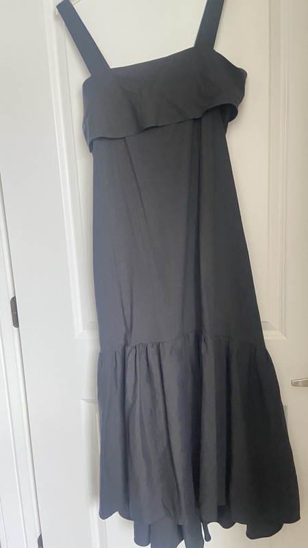 Theory Tie Back Eco Crunch Linen Midi Dress Size L Black NWT $395 gallery