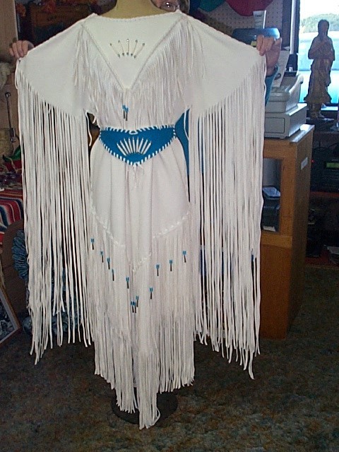 Antique Native American Powwow Fringe Dress, Beaded White Buckskin Wedding Dress