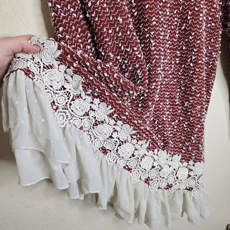 Burgundy Popcorn Knit Lace Ruffle Tunic Dress gallery