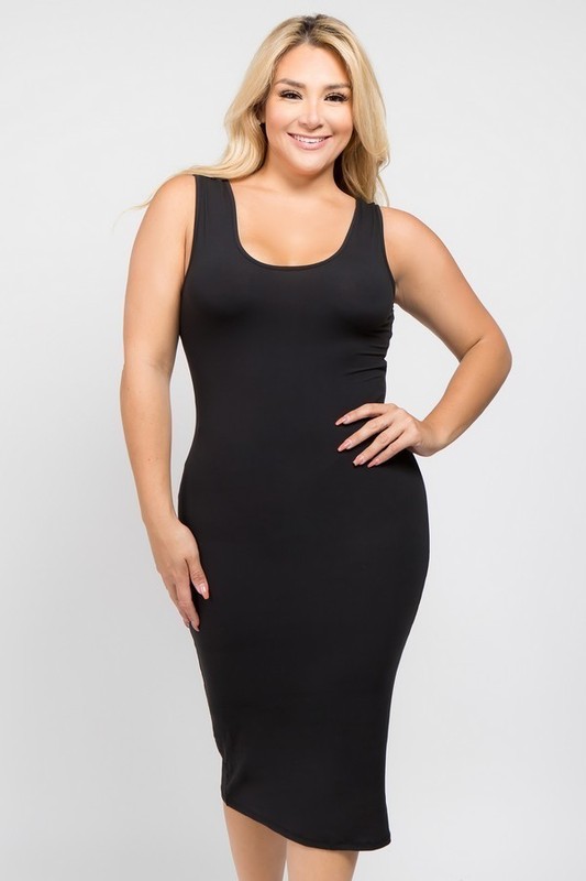 Womens XL/1XL,2XL,3XL Solid Bodycon Scoop Neck Tank Top Sleeveless Midi Dress