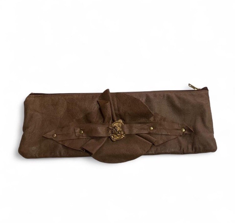 Megan Leone Brown Zip Clutch Bow Accent Floral Lined Gold Hardware Vintage