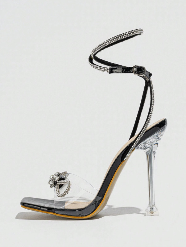 Black Stiletto Transparent Rhinestone Ankle Strap Peep Toe High Heels US7/CN38 gallery