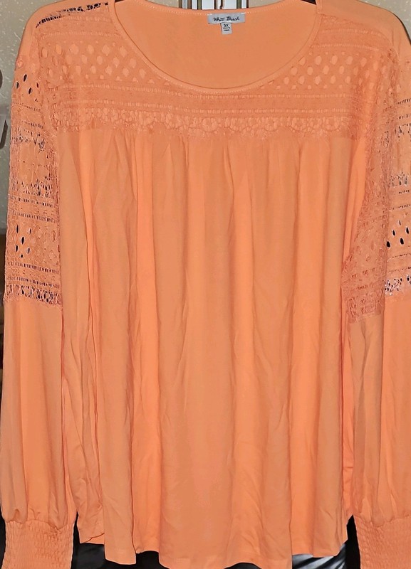 White Birch Coral Solid Top 3X Plus Lace Accent Scoop Neck Long Sleeve Pullover
